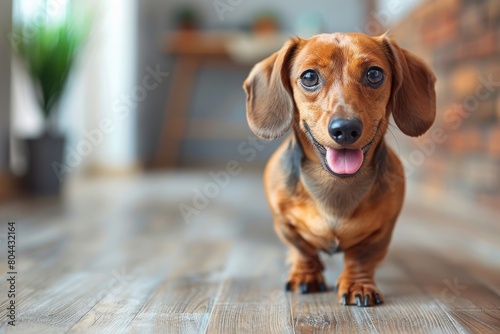 The backside of a dachshund standing on a wooden floor, facing away with a blurred backdrop