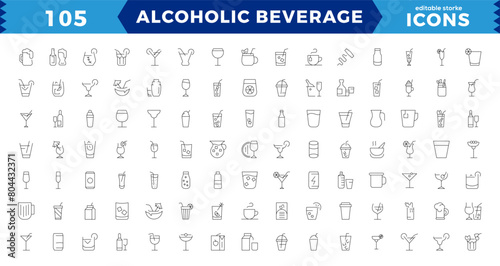 Alcoholic beverages Pixel Perfect icons set. Simple outline cocktails icons isolated on white background. Set includes beer, mojito, whiskey. Icons set for restaurant, pub, bar. Vector illustration
