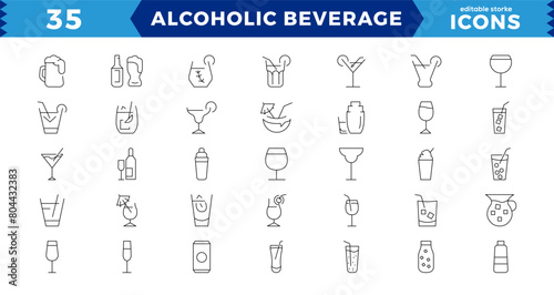 Alcoholic beverages Pixel Perfect icons set. Simple outline cocktails icons isolated on white background. Set includes beer, mojito, whiskey. Icons set for restaurant, pub, bar. Vector illustration