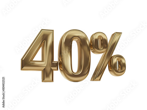 3D golden number "40%" with text effect, on a plain White background PNG
