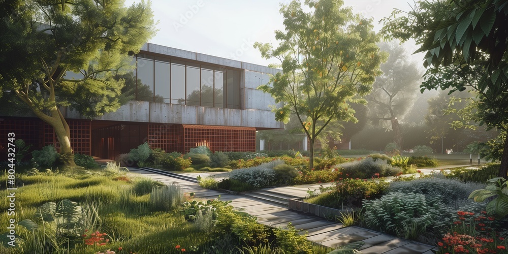 Obraz premium old brutalist villa in the morning sun with beautiful garden 