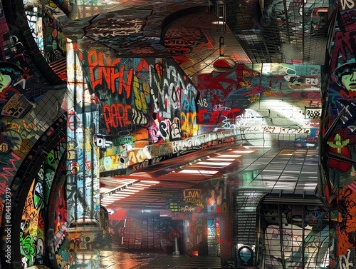 Imagine a digital realm where futuristic gadgets meet raw street graffiti © panyawatt