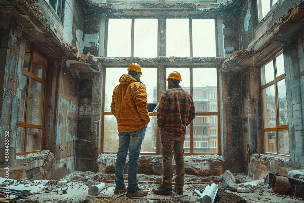 In a decrepit building, two engineers with hard hats stand assessing the room's condition, representing urban decay In a decrepit building, two engineers with hard hats stand assessing the room's condition, representing urban decay