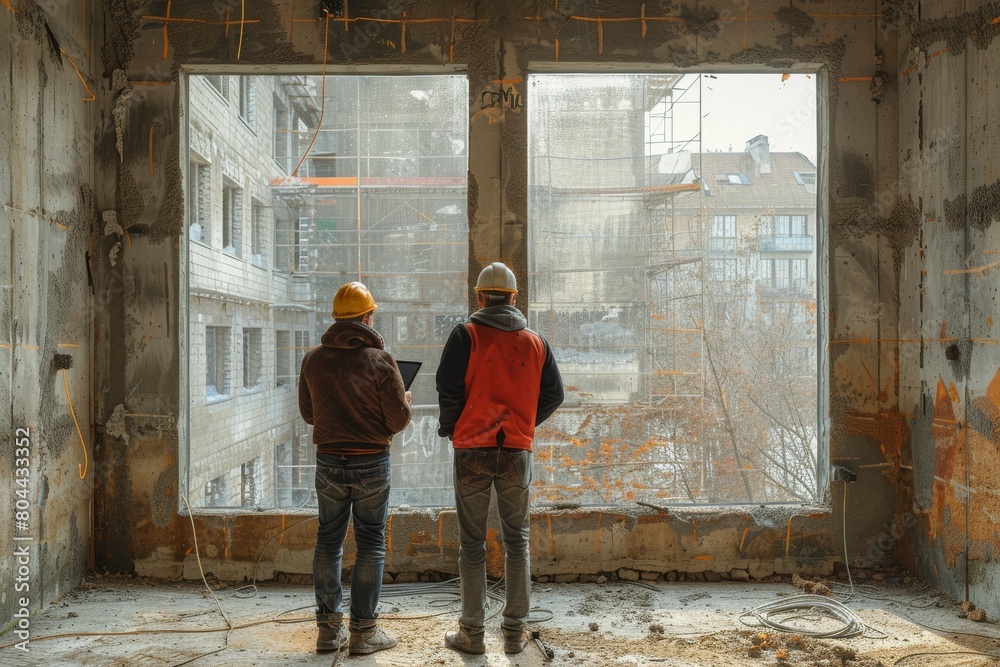 Engineers with hard hats overview a building site through a large window opening of an unfinished room Engineers with hard hats overview a building site through a large window opening of an unfinished room