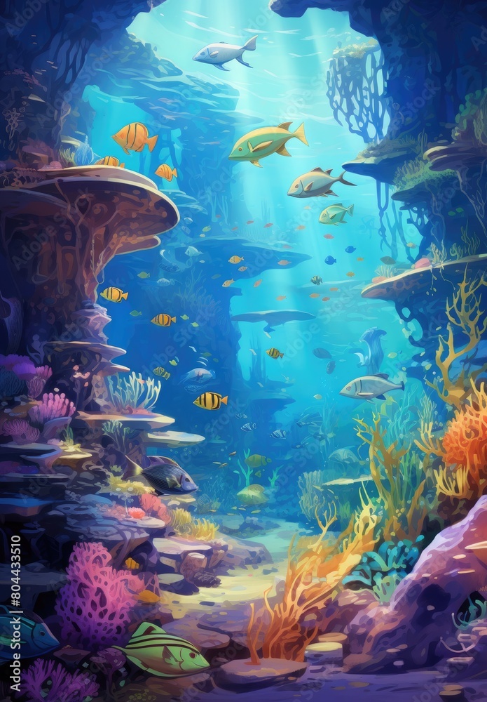 Naklejka premium Vibrant underwater scene with fish and corals