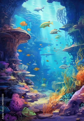 Vibrant underwater scene with fish and corals
