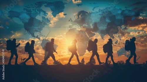 Group of people walking across world map