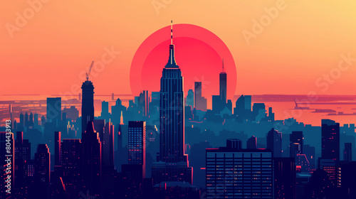 city skyline at sunset, illustration © Nia