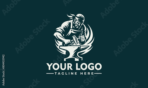 blacksmith vector logo design features a blacksmith in a pose that shows his skill and tenacity in his work photo