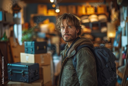 An introspective portrait of a man with a backpack standing in a cozy, well-lit store filled with goods © Larisa AI