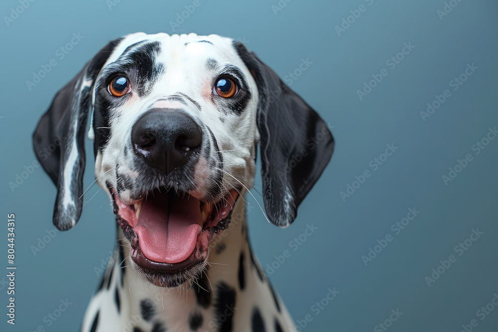  A dalmatian dog with black spots on its face and tongue out, sitting in front of a blue sofa at home. Created with Ai