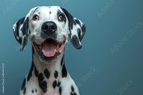 A close-up portrait of an elegant Dalmatian dog with black and white spots, tongue out in the living room. Created with Ai © Trendy