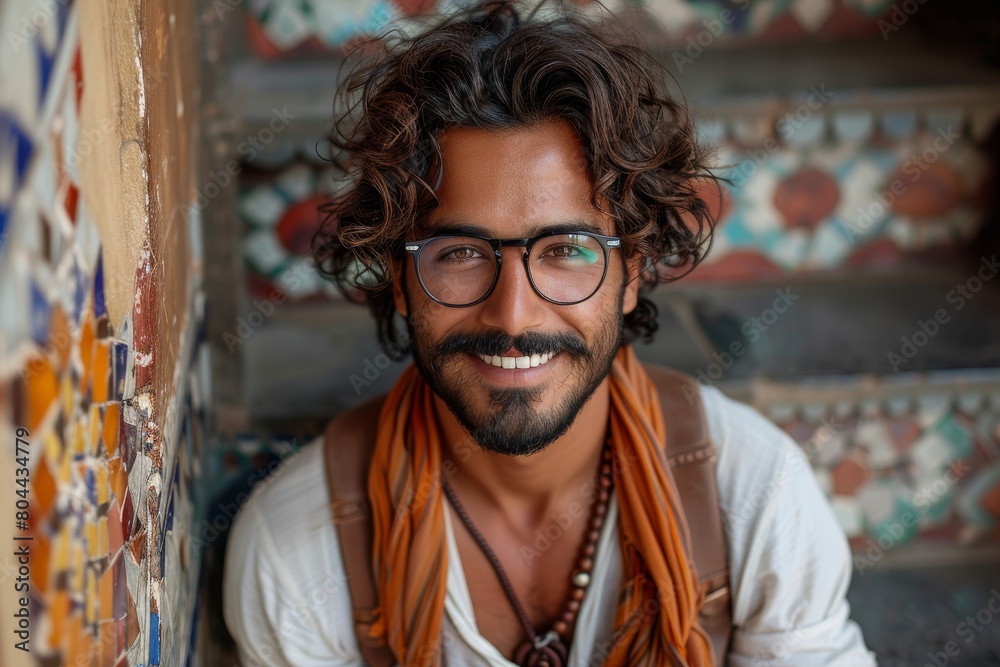 An engaging young man with glasses and a traditional scarf smiling warmly at the camera An engaging young man with glasses and a traditional scarf smiling warmly at the camera