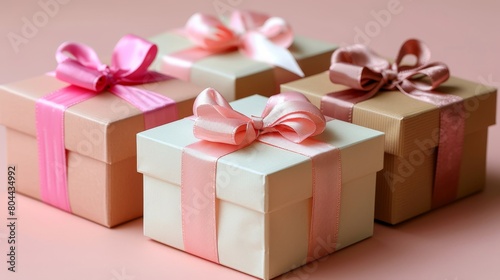 Valentine& 039 s Day background with realistic festive gift boxes. Romantic presents. Pink boxes with red ribbon, a gift surprise. © Elena