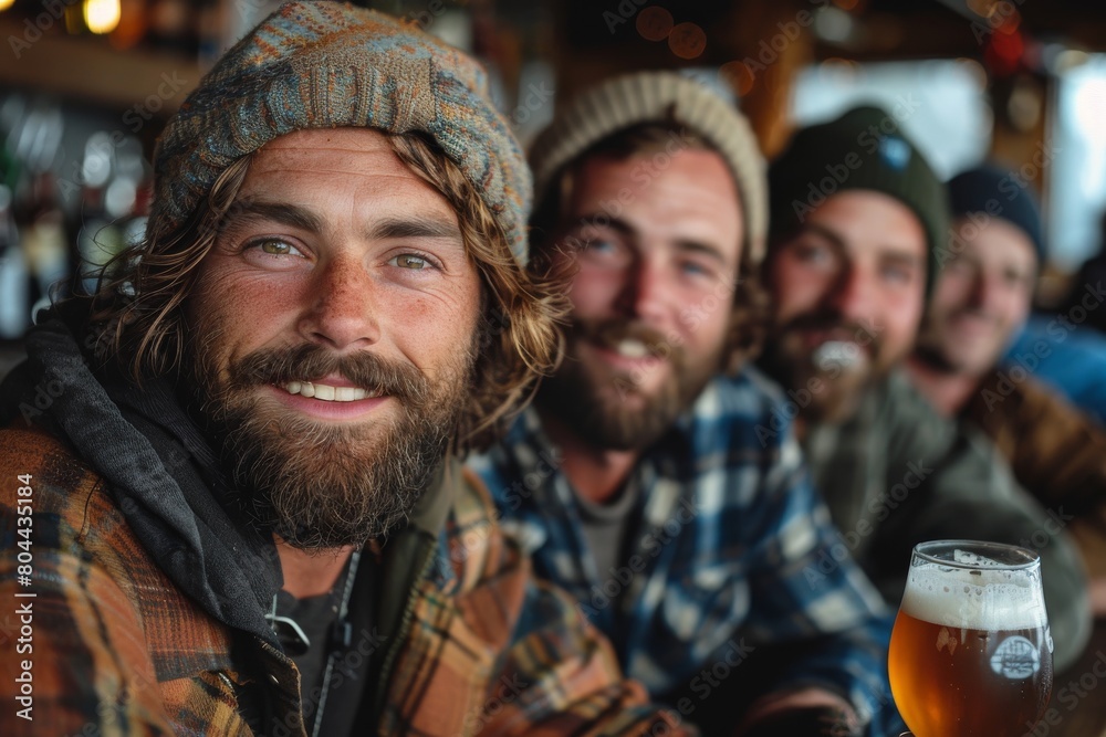 Vibrant image of cheerful mates taking a group selfie with beers at a bar Vibrant image of cheerful mates taking a group selfie with beers at a bar