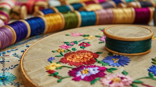 Close-up of colorful embroidery on fabric with thread spools