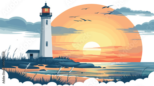 Vector - An elegant lighthouse at sunset, with a dramatic orange sky and seagulls, ideal for coastal and maritime themes.