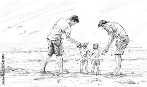 Disegno, storyboard di una famiglia che passa del tempo insieme.