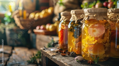 Assorted pickled vegetables in jars on rustic wooden table