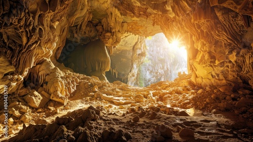 Sunlight streams into cavern with rock formations photo