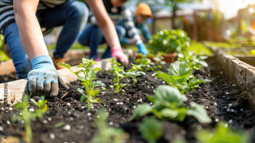 Two people gardening, planting small green plants in soil beds with sunlight Two people gardening, planting small green plants in soil beds with sunlight