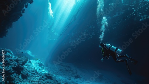 Scuba diver exploring underwater near rock formations with sunbeams penetrating ocean