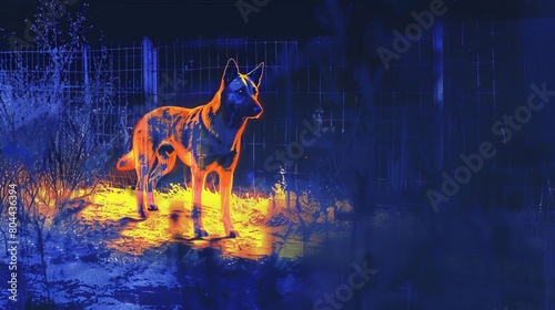 Thermal imaging of a guard dog patrolling a fenced area at night, highlighting body heat in darkness, water color illustration