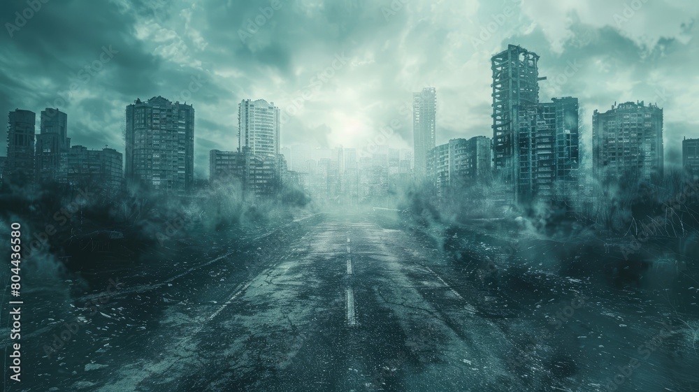 Post-apocalyptic cityscape with desolate buildings and overcast sky Post-apocalyptic cityscape with desolate buildings and overcast sky
