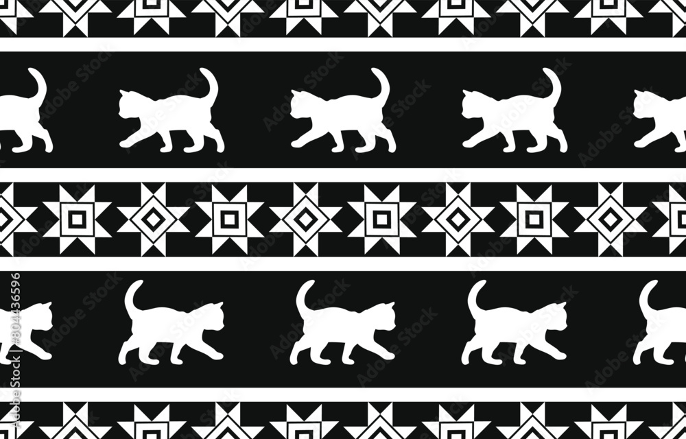 Cat pattern. Seamless. White stripes, dark color background. Ethnicity. Floral patterns, printed fabrics, pants, Lanna. Cat pattern. Seamless. White stripes, dark color background. Ethnicity. Floral patterns, printed fabrics, pants, Lanna.