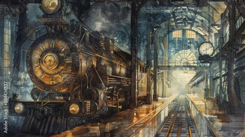 Steampunk train station with ornate alarm systems blending with brass and wood aesthetics, water color illustration