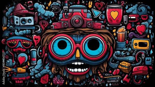 Colorful and Eclectic Artistic Illustration with Hipster Character Surrounded by Pop Culture Elements.