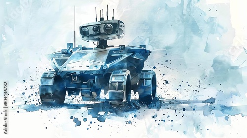 Prototype UGV with microchip eyes testing advanced AI algorithms for environmental mapping and data collection, water color illustration