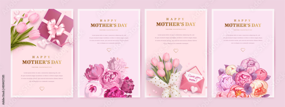 Fototapeta premium Mother's day poster, banner or greeting card set with hand drawn and realistic 3d bouquet of flowers and gift box on pink background. Vector illustration