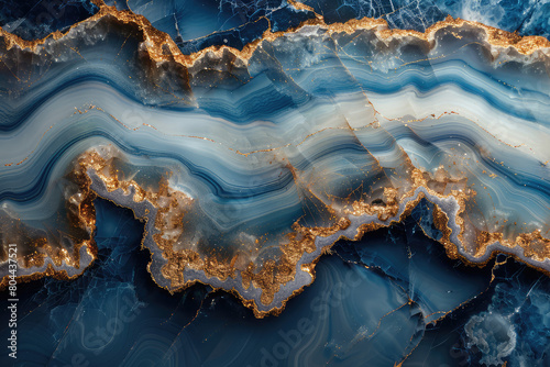 Abstract blue and gold wavy resin waves with golden textures on a white background. Created with Ai