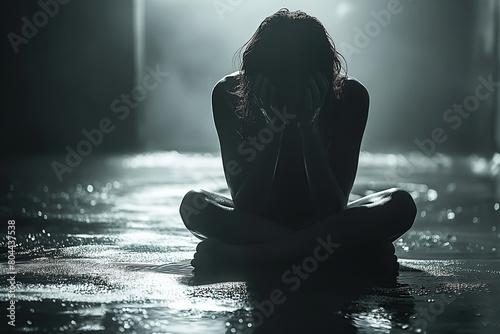 Woman is victim of domestic violence. Sad depressed despair naked woman sitting on floor and crying with face in hands photo