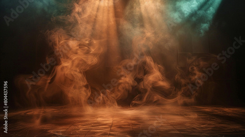 Rich chocolate brown smoke swirling across a stage illuminated by a pale cyan spotlight, providing a warm, inviting backdrop. photo