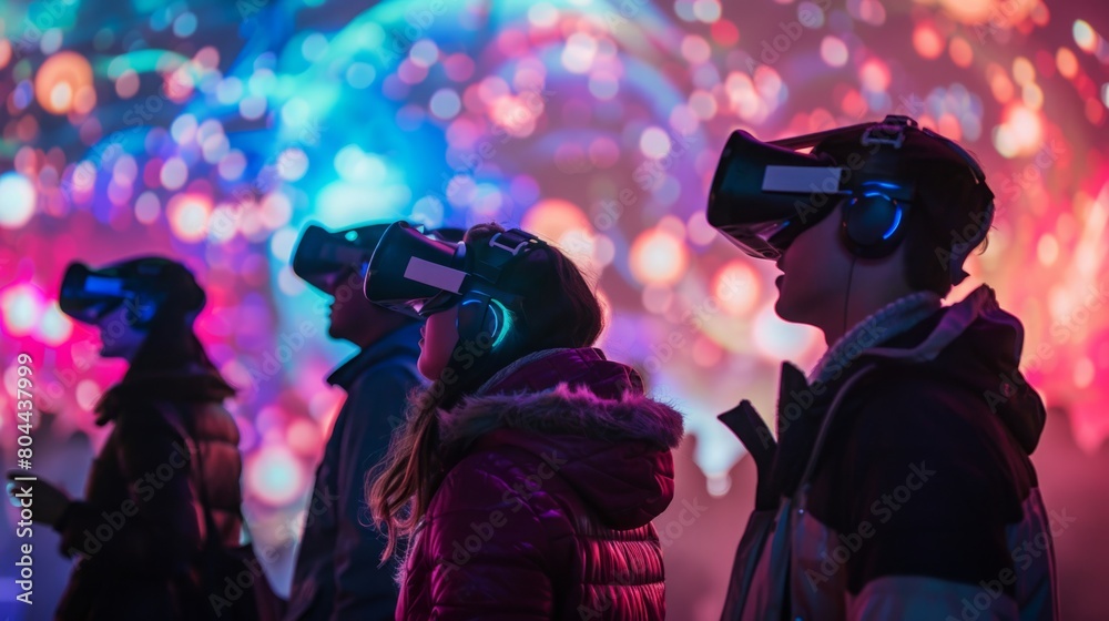 A group of individuals standing together, each wearing virtual reality headsets. A group of individuals standing together, each wearing virtual reality headsets.