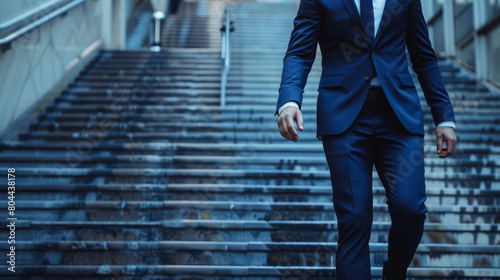 Confident businessman descending stairs outdoors in a sleek blue suit, portraying success and ambition