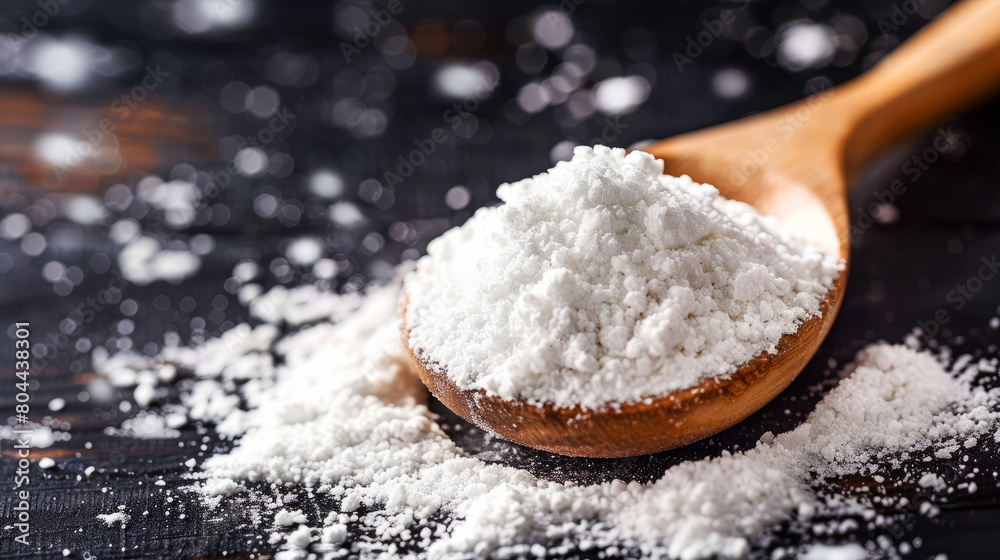 Detailed view of scattered baking flour and a wooden scoop on a dark surface, focusing on culinary textures Detailed view of scattered baking flour and a wooden scoop on a dark surface, focusing on culinary textures