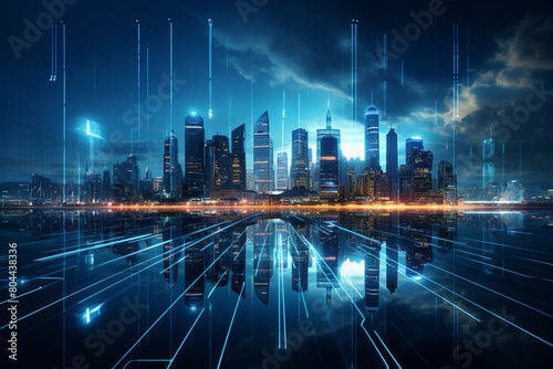 Contemporary City Panorama Wallpaper. Futuristic Superstructures Illuminated with Blue Light. photo