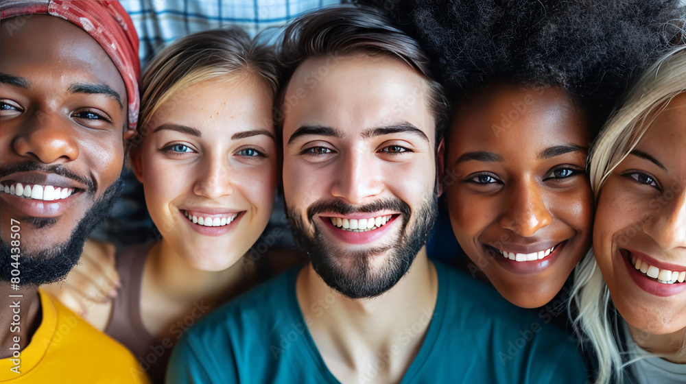 Group portrait of diverse smiling young adults, close-up of joyful expressions Group portrait of diverse smiling young adults, close-up of joyful expressions