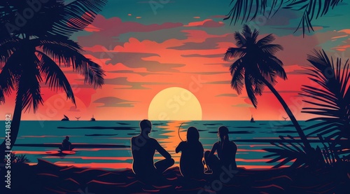 A group of friends sitting on the beach  watching the sunset with tropical plants and palm trees  warm colors