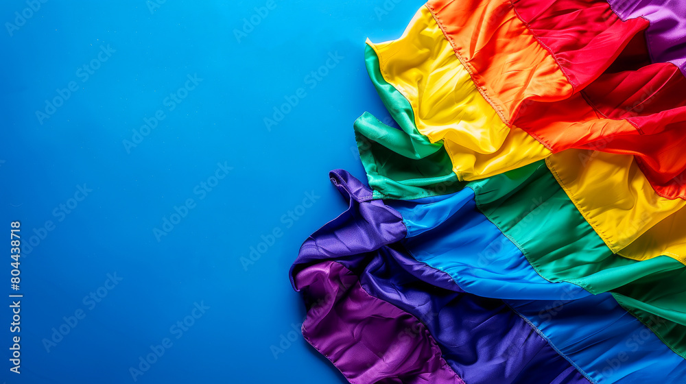 Colorful rainbow flag draped elegantly against a vivid blue background, symbolizing LGBTQ pride