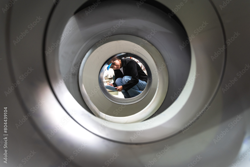 Metal sheet worker woman looking through roll of metal sheet inspecting and quality control in aluminum factory Metal sheet worker woman looking through roll of metal sheet inspecting and quality control in aluminum factory