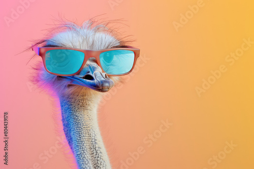 Surreal animal concept: An ostrich with sunglasses, isolated against a solid pastel background, perfect for commercial and editorial advertisements featuring surrealism.
