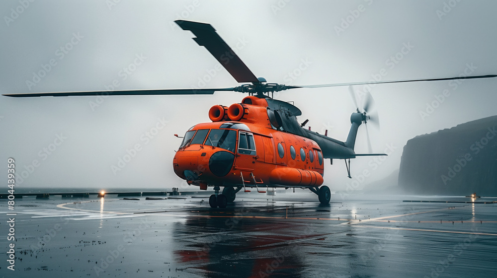 Orange helicopter parked on a wet runway on a foggy day with mountains in the background. Orange helicopter parked on a wet runway on a foggy day with mountains in the background.