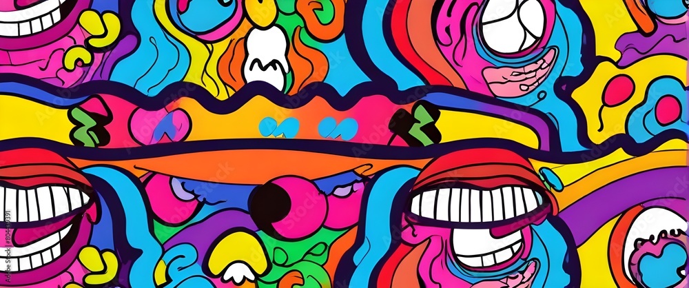 Experience the whimsical fun of vibrant psychedelic patterns with colorful cartoon faces melting with smiles. This retro style design exudes fun charm with its unique design. Generative AI