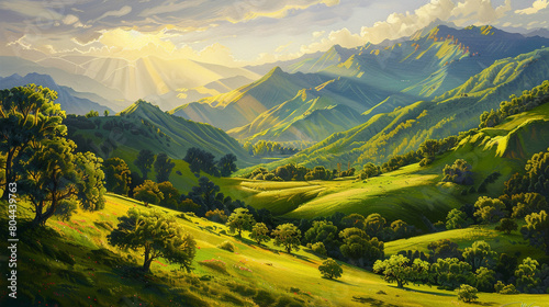 Valley of Sunshine An idyllic landscape where the sun s rays illuminate a verdant valley casting long shadows and creating a sense of warmth and serenity.