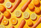 Fresh and colorful assortment of carrots, oranges, and lemons on yellow surface with vibrant orange background
