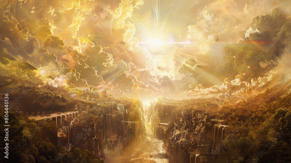 Fototapeta premium A narrative freeze-frame showing Christ as the Logos, a bridge between heaven and earth, His figure casting a divine reflection over the nascent world, all elements aligning with His creative command.
